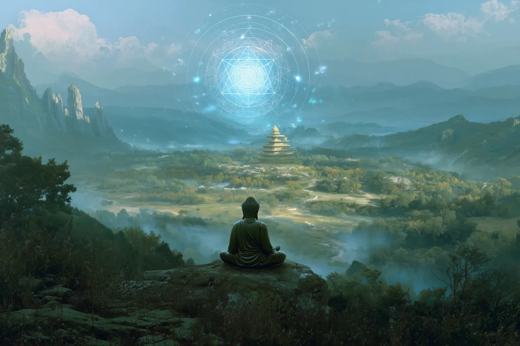 Buda meditando frente a la merkaba