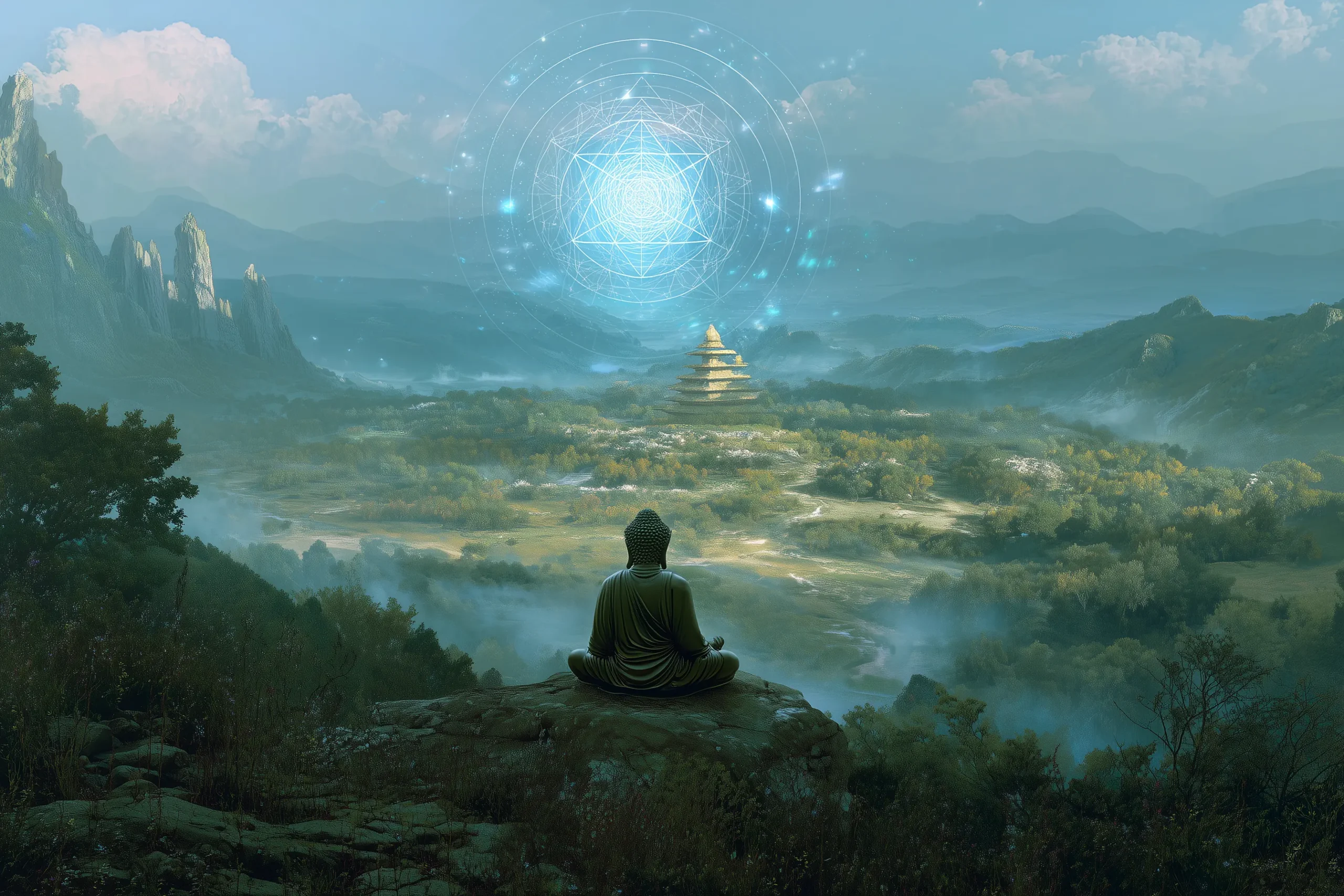 Buda meditando frente a la merkaba